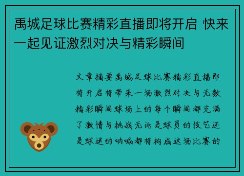 禹城足球比赛精彩直播即将开启 快来一起见证激烈对决与精彩瞬间